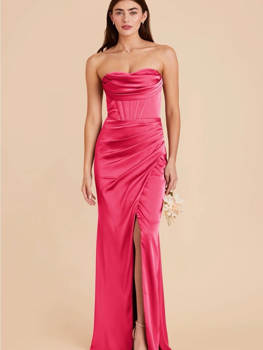 Birdy Grey Anne Dress L Hot Pink Fuchsia Matte Satin Strapless Bridesmaid Gown